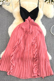 Women Spaghetti Strap Beach Long Dress Sexy V-Neck High Waist Ruffle Patchwork Pleated Maxi Robe Female Vacation 2023