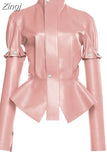 Spring Autumn Short Stylish Chic Pink Shiny Reflective Patent Pu Leather Jacket Women with Detachable Long Sleeves