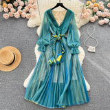 Women's Fashion France Vintage Pleated Long Dress Summer Autumn Sexy V-Neck Lace Up Party Runway Vestidos Female Elegant