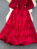 Vintage Women Pleated Long Dress Elegant V-Neck Puff Short Sleeve High Waist A-Line Ruffle Draped Big Swing Maxi Robe
