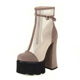 New Super High Heel Fashion Net Boots Women Flock Platform Zipper Ankle Boots Spring Summer Thick Heel Round Toe
