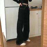 Women High Waist Denim Loose Baggy Simple Embroidery Wide Leg Trousers for Ladies All Match Summer Vintage Mopping