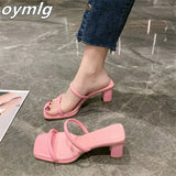 new women's shoes summer square head fish mouth word sandals and slippers women's thick heel medium heel slippers