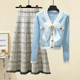 Fall Winter Knitwear Two Piece Sets For Women Outfits French Vintage Fragrance Bow Bandage Knitted Sweater+Plaid Skirt