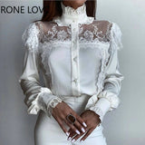Women Solid Lace Decoration Fungus Hem Mesh Button Long Lantern Sleeves Stand Collar Sweet White