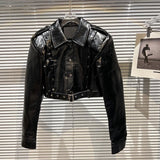 Autumn Punk Style Faux Leather Pu Jacket Rhinestone Tassel Short Bodycon Skirt Belt Two Piece Set Women Outfits