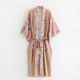 Queens Vintage Peacock Floral Print Women Bohemian V Neck Batwing Sleeves Ladies Boho Kimono Robe