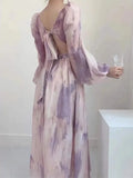 Fashion Tie Dye Printing V Neck Midi Dress Women Elegant Fairy Evening Party Dresses Female Sexy Backless Mini