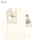 Women's Shirt Chic Vintage Blouses Casual Turn-down Collar Long Sleeve Loose Korean Elegant Office Ladies Female Print