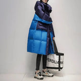 blocking Casual Long 90%White duck down Hooded Coat Women's 2023 Winter New Korean Loose Down Jackets Warm Parkas