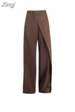 Women Clothing Buttons Irregular Patchwork High Waist Loose Mopping Pants All-match Solid Suit Straight Trousers