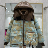 Winter Warm Hooded Short color matching Women Down Jacket New 90% White duck down Loose camouflage Women's Puffer
