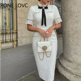 Women Elegant Round Neck Short Sleeves Bow Ruffle Hem Beaded Formal Fragrant Breeze White