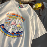 Cute Japan Cartoon Letter Print T Shirts Kawaii Girl Short Sleeve Tops 2022 Summer Basic 100%Cotton Couples Teens