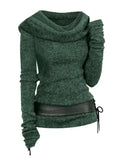 Cowl Front Lace Up Belted Sweater Spring Tops Tee For Women Solid Black Green Light Gray
