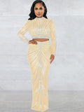 Sexy Black Shine Rhinestone Crystal Sheer Skirt Set New Women Long Sleeve Top And Maxi Skirt Suits Night