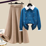 Knitted Two Piece Set Womens Outfits Korean Casual Turn Down Collar Long Sleeve Embroidery Knitted Sweater+skirts