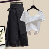 Women Summer Sets Mesh Patchwork Slash Neck Tops + Asymmetric Skirt 2 Piece Sets Female Party Suits Elegant Casual Two Piece