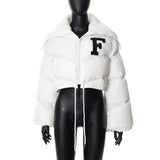 New Turn-down Collar Jacket Women Letter Embroidery Flare Long Sleeve Short Down Coat Drawstring Leisure White