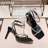new all-match square head silver rhinestone one-word buckle high-heeled sandals sweet wind stiletto sexy designer