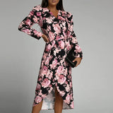 Autumn Vintage Floral Print V-neck Lace Up Dress Women Sexy Elegant Fashion Irregular High Slit Dresses Long Sleeve