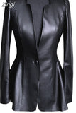 Autumn Black Slim Soft Pu Leather Jacket Women Deep V Neck Long Puff Sleeve Elegant Luxury Skirted Blazer Fashion