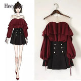 Summer 2 pcs sets Women Chiffon Patchwork Mesh Off Shoulder Shirt+A Line Draped Solid Skirt set Female Ruffles Casual