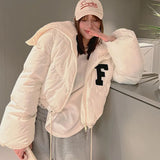 New Turn-down Collar Jacket Women Letter Embroidery Flare Long Sleeve Short Down Coat Drawstring Leisure White