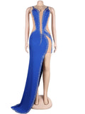 Sexy Blue Mesh Crystal Patchwork Asymmetrical Maxi Dress Women Strap See Through Bodycon Clubwear Long