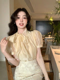 Xixi 2025 Summer New Thousand Gold Wind Bow Tie With Bottom Shirt Women's Long-Sleeved Top