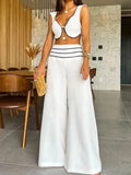 Piece Set With Pants Summer Elegant Solid Women Deep V Square Collar Sexy Short Top Wide Leg Pants Suit Office Lady