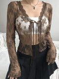 Open Front Lace Long Sleeve Crop Blouse- Outfit