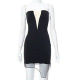 New Mesh Patchwork See Through Backless Bodycon Wrap Dress Women Outfits Summer Strapless Mini Party Nightclub Black