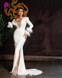 Stitching Women Long Maxi Dress Elegant Solid White Long Sleeve Floor Length Train Tail Evening Dress Club Mermaid
