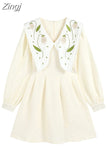 Women's Dress Long Sleeve Embroidery Chic Peter Pan Collar Mini Dresses Female Vintage Elegant High Waist A-line Frocks