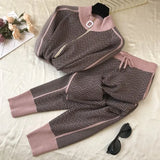 Quality New Winter Woman Tracksuit Geometric stripeTurtleneck Zipper Knitted Cardigans + Pants Women Two piece