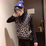 Leopard Pattern Knitted Sweater Vest Women Loose Sleeveless Fashion Short Pullover Sweater Vest Female Spring Autumn