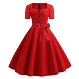 Spring Solid Color Party Flare Women Dress With Button Retro Robe De Cocktail Summer 50s 60s Tunic Swing Rockabilly