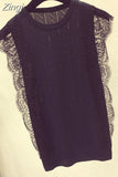 Sleeveless Lace Knitted Shirt 2023 Korean Patchwork Tops Women O-Neck Solid Hollow Out Clothes Mesh Chic Blusas 8795