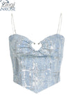 Women's Summer Chain Strap Crop Top Sexy Y2k Casual Chic Vintage Off Shoulder Hollow Out Sequins Blue Tank Top Vest Korean