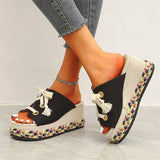 size slippers women's 2022summer woven fish mouth shoes fabric one word lace sponge cake thick bottom sandals and