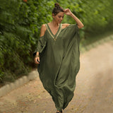 Sexy Cold Shoulder V Neck Bats Sleeve Loose Summer Beach Dress Plus Size Women Beachwear Kaftan Black Dress