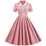 Retro Vintage Swing Casual Summer Dress Button Front Turn Down Collar Plaid Print 1950s Pinup Rockabilly Dresses with