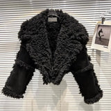 2022 Winter New Collection Long Sleeve Big Turn Down Collar Faux Fur Leather Black Pu Jacket Women Blazer Coat