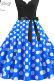 Dot Print Vintage Women Summer Dress Black Patchwork Sleeveless V neck Elegant Party Dresses Casual Robe