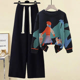 Winter 2 Piece Sets Womens Outfits Office Ladies Oversized Knitted Swerter And Wide Leg Pants Suits Knitting Two Piece