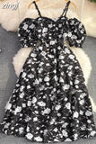 Vintage Slash Neck Off Shoulder Printed Dress Elegant Puff Short Sleeve High Waist A-Line Spaghetti Strap Vestidos