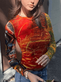 Patchwork Printed Mesh Long Sleeve Crop Top- Outfit