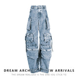2022 Winter New Collection Multi Pockets Punk Style Denim Cargo Pants Women Wide Leg Jeans