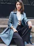 Spring Autumn Classy Blue Faux Leather Trench Coat for Women Belt Elegant Luxury Designer Clothes Runway Fashion